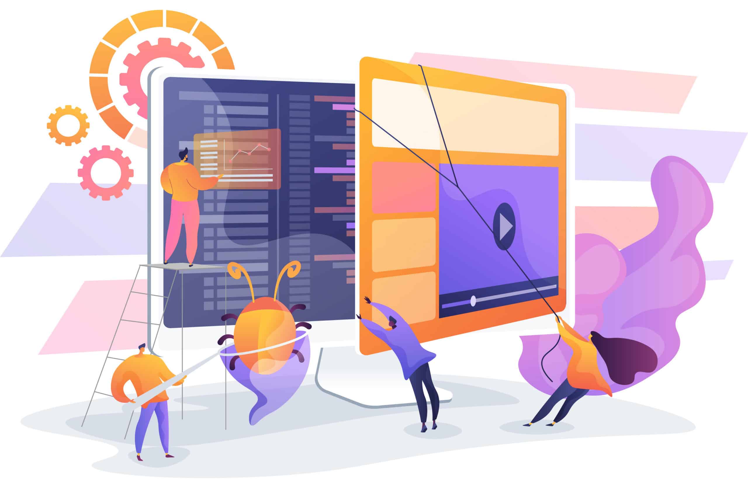 Modern digital illustration of web design and IT solutions with team collaboration.