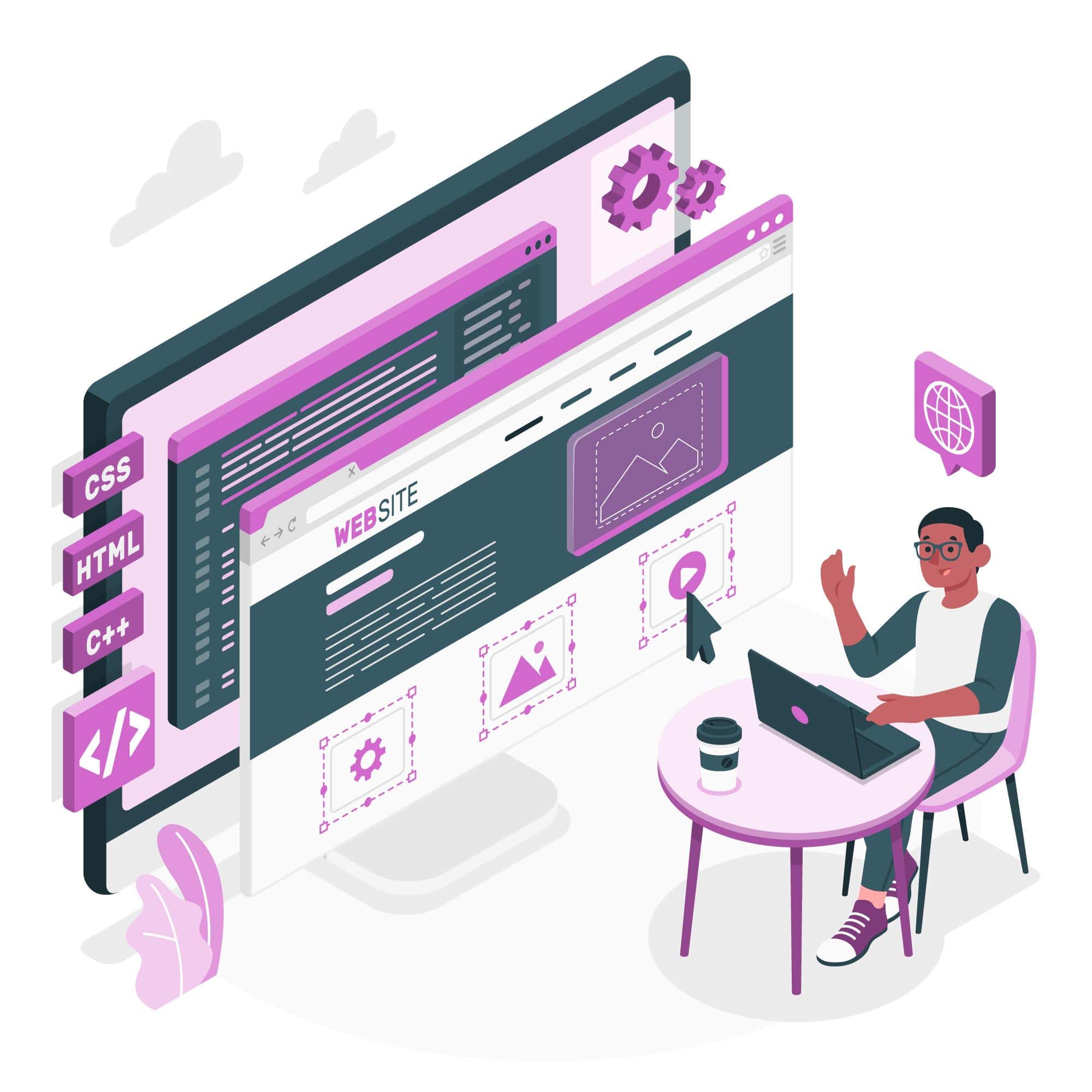 Modern web design illustration with developer working on website layout.