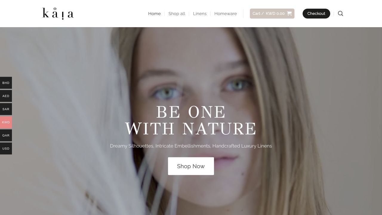 Kaia Linens desktop website screenshot